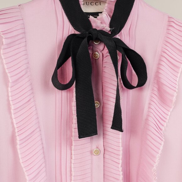 Gucci Resort 2016 Pink Silk Pleated Ruffle Tie-Neck Shirt - Picture 6 of 10